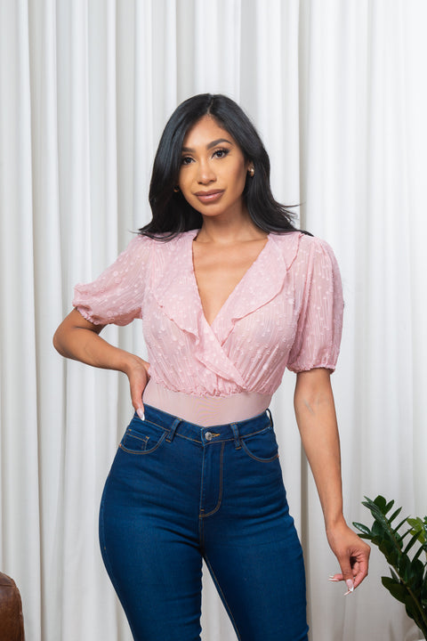'Lovely Lady' Sheer Mesh French Dot Petal Collar V Neck Short Puff Sleeve Bodysuit with Snap Crotch (M305#) - Wholesale Fashion Couture 