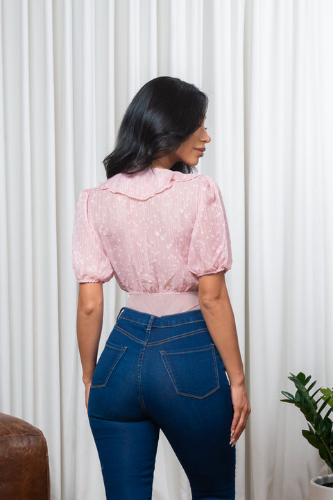 'Lovely Lady' Sheer Mesh French Dot Petal Collar V Neck Short Puff Sleeve Bodysuit with Snap Crotch (M305#) - Wholesale Fashion Couture 