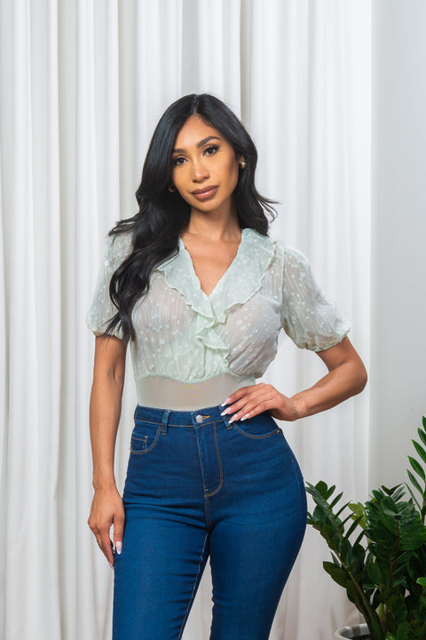 'Lovely Lady' Sheer Mesh French Dot Petal Collar V Neck Short Puff Sleeve Bodysuit with Snap Crotch (M305#) - Wholesale Fashion Couture 