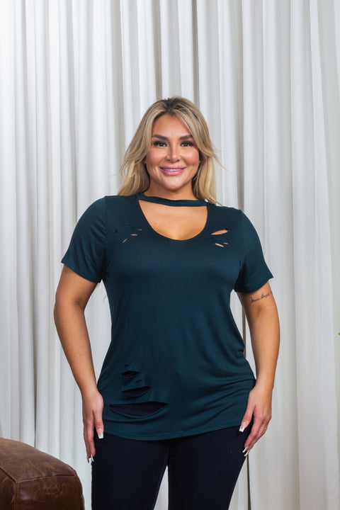 Plus Size Short Sleeve Choker Style Distressed Scoop Neck T-Shirt (BT2448XWH) - Wholesale Fashion Couture 