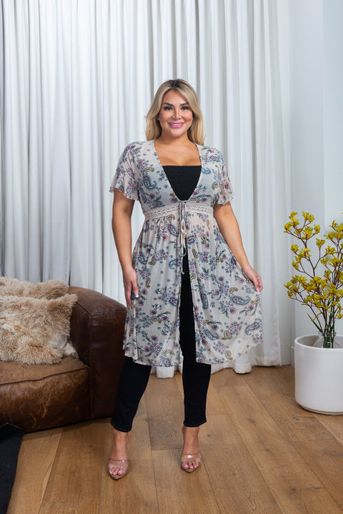 Plus Size Floral Paisley Print Sheer Mesh Short Bell Sleeve V Neck Tie Front Duster in Taupe (286371-T5X) - Wholesale Fashion Couture 