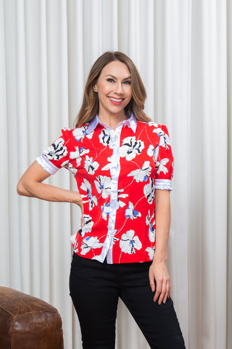 Lotus Flower Print Short Sleeve Button Down Top with White Satin Contrast in Red (SB1141) - Wholesale Fashion Couture 