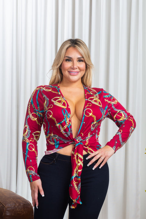 'Expensive Taste' Plus Size Baroque Print Long Sleeve Open Tie Front Crop Top in Burgundy (ZA4341D) - Wholesale Fashion Couture 