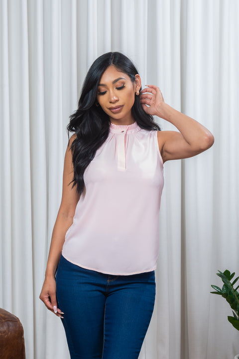 Sleeveless Tank Top with Button Up Tuck Pleated Mandarin Collar in Light Pink (P260137) - Wholesale Fashion Couture 