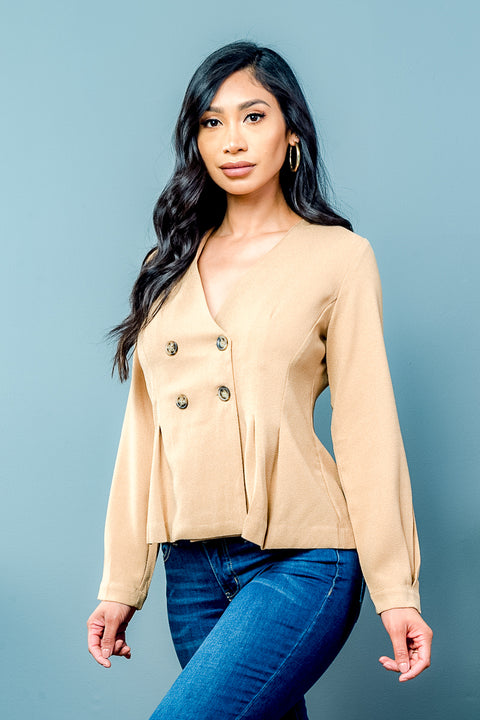 Double Breasted Pleated Hem Blazer (D30324-MW188) - Wholesale Fashion Couture 