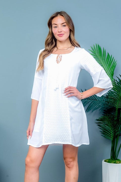 ‘Retro Chic’ 3/4 Bell Sleeve Mini Dress with Round Neckline and Drawstring Keyhole Detail in White (MB1073) - Wholesale Fashion Couture 