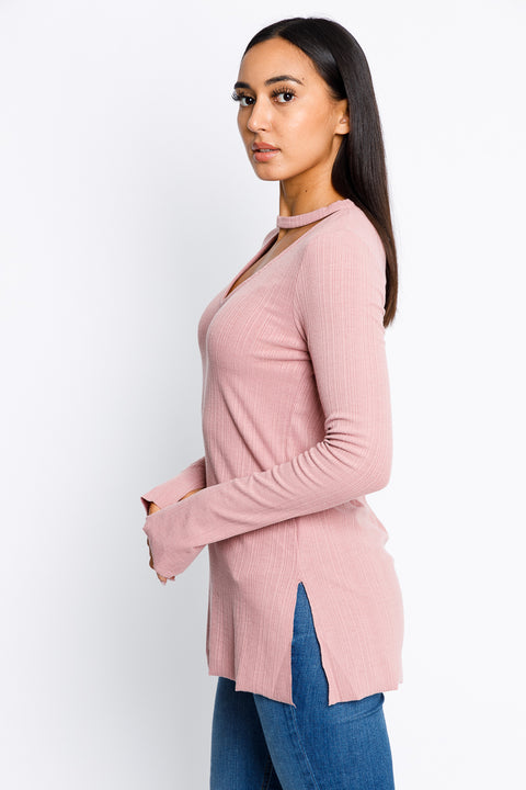 Split Cuffs Long Sleeve V-neck Chocker Top Unfinished Hem*  (T2001KL) - Wholesale Fashion Couture 