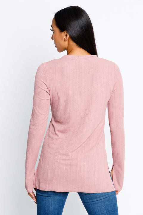 Split Cuffs Long Sleeve V-neck Chocker Top Unfinished Hem*  (T2001KL) - Wholesale Fashion Couture 
