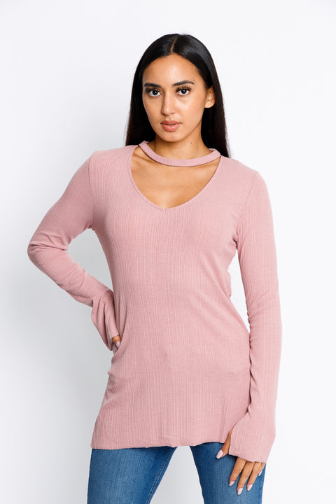 Split Cuffs Long Sleeve V-neck Chocker Top Unfinished Hem*  (T2001KL) - Wholesale Fashion Couture 