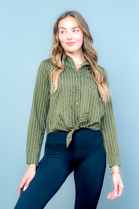 Striped Button Down Long Sleeve Spread Collar Crop Top Tie Front (CET1954) - Wholesale Fashion Couture 