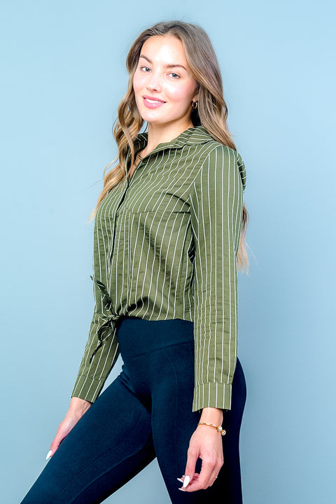 Striped Button Down Long Sleeve Spread Collar Crop Top Tie Front (CET1954) - Wholesale Fashion Couture 