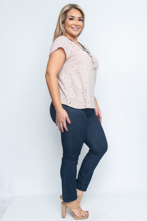 Plus Size Short Sleeve Plus Size Top (Z9143) Tan / ( 1XL-2XL-3XL- 1-1-1)