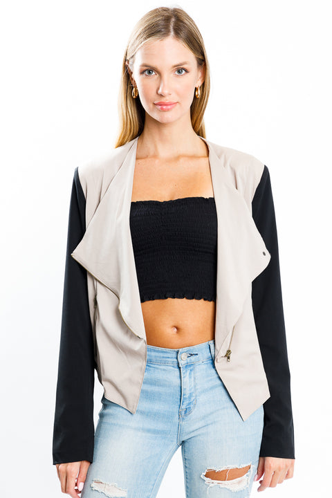 Black & Blue Color Block Moto Zip Jacket (QJ7477) - Wholesale Fashion Couture 