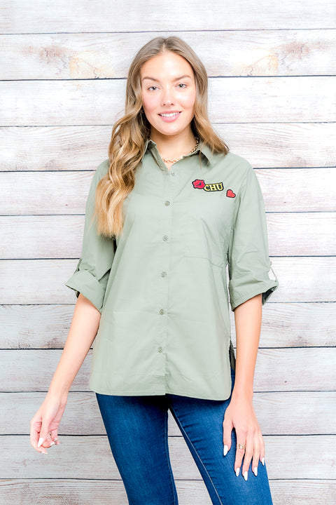 3/4 Sleeve Button Down Top 3Patches* (1327TM) - Wholesale Fashion Couture 