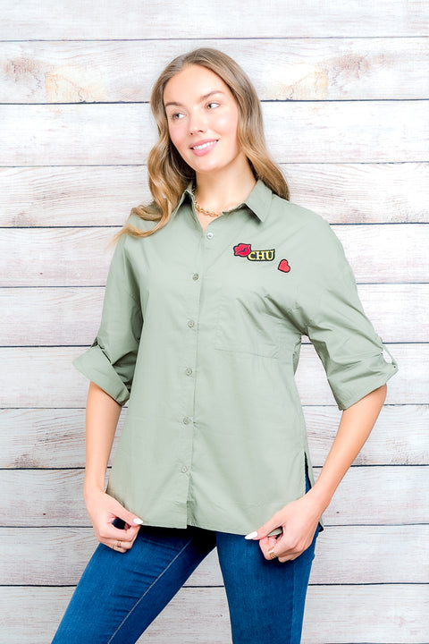 3/4 Sleeve Button Down Top 3Patches* (1327TM) - Wholesale Fashion Couture 
