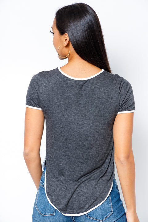 Plus Zise Short Sleeve Tee with White Contrast Dolphin Hem (FGT7272RR-PLUS) - Wholesale Fashion Couture 