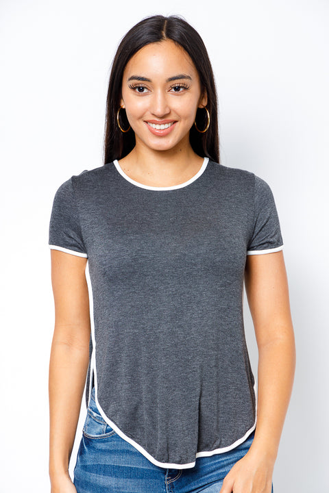 Plus Zise Short Sleeve Tee with White Contrast Dolphin Hem (FGT7272RR-PLUS) - Wholesale Fashion Couture 