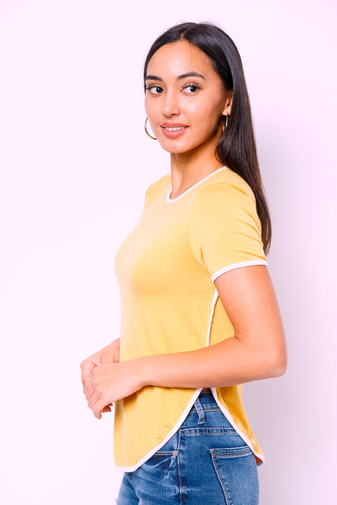 Round Neck Short Sleeve Top Curved and Contrast detail Hem(FGT7272RR) - Wholesale Fashion Couture 