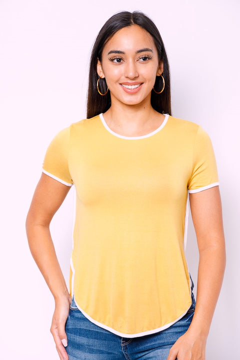 Round Neck Short Sleeve Top Curved and Contrast detail Hem(FGT7272RR) - Wholesale Fashion Couture 