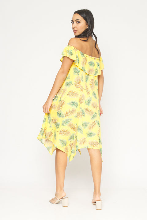 Tropical Print Full Lining Elastic Neckline Swing Dress With Shark-bite Hemline (KD5972EY) - Wholesale Fashion Couture 