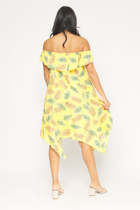 Tropical Print Full Lining Elastic Neckline Swing Dress With Shark-bite Hemline (KD5972EY) - Wholesale Fashion Couture 