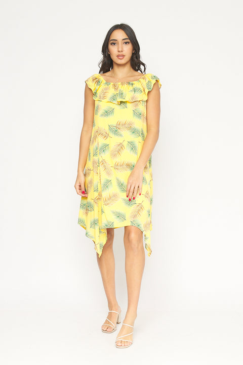 Tropical Print Full Lining Elastic Neckline Swing Dress With Shark-bite Hemline (KD5972EY) - Wholesale Fashion Couture 