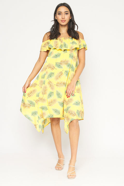 Tropical Print Full Lining Elastic Neckline Swing Dress With Shark-bite Hemline (KD5972EY) - Wholesale Fashion Couture 