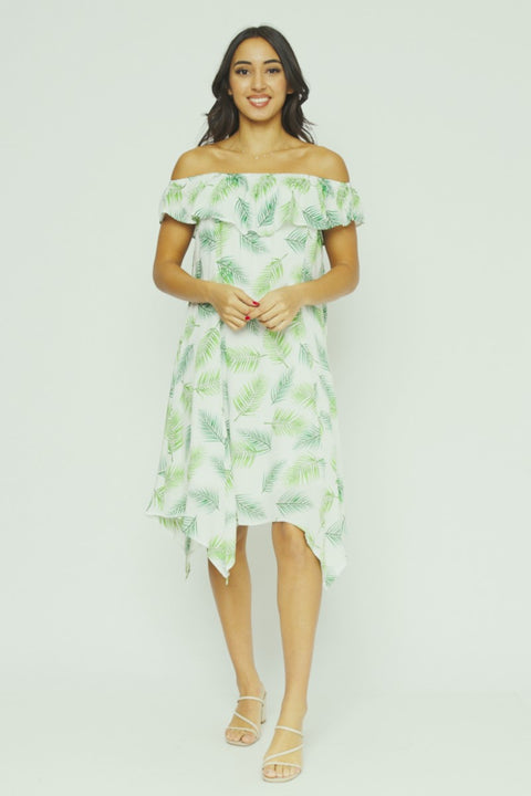 Tropical Print Full Lining Elastic Neckline Swing Dress With Shark-bite Hemline (KD5972EY) - Wholesale Fashion Couture 