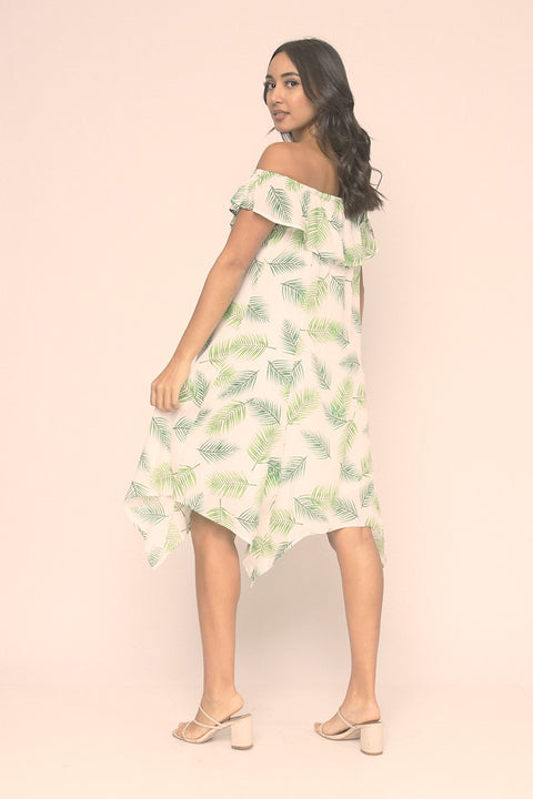 Tropical Print Full Lining Elastic Neckline Swing Dress With Shark-bite Hemline (KD5972EY) - Wholesale Fashion Couture 