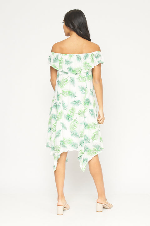 Tropical Print Full Lining Elastic Neckline Swing Dress With Shark-bite Hemline (KD5972EY) - Wholesale Fashion Couture 