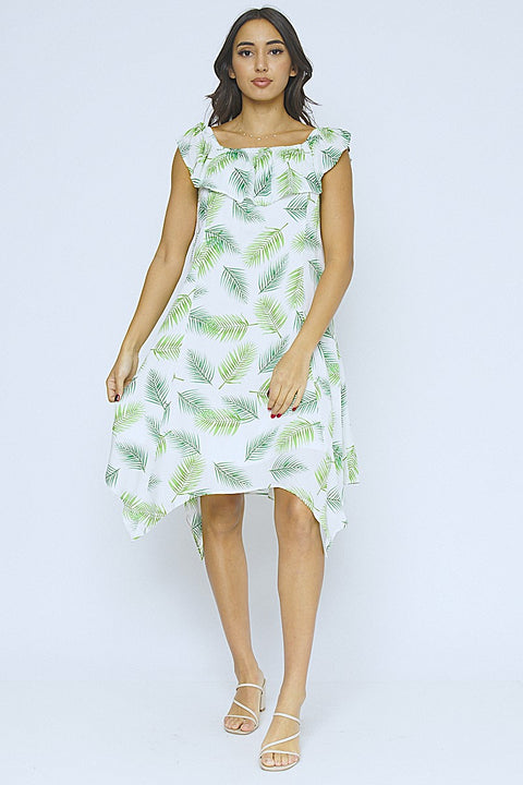 Tropical Print Full Lining Elastic Neckline Swing Dress With Shark-bite Hemline (KD5972EY) - Wholesale Fashion Couture 