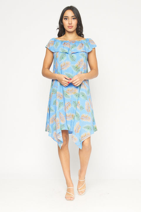 Tropical Print Full Lining Elastic Neckline Swing Dress With Shark-bite Hemline (KD5972EY) - Wholesale Fashion Couture 