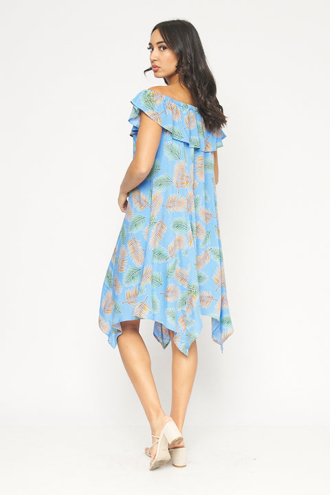 Tropical Print Full Lining Elastic Neckline Swing Dress With Shark-bite Hemline (KD5972EY) - Wholesale Fashion Couture 