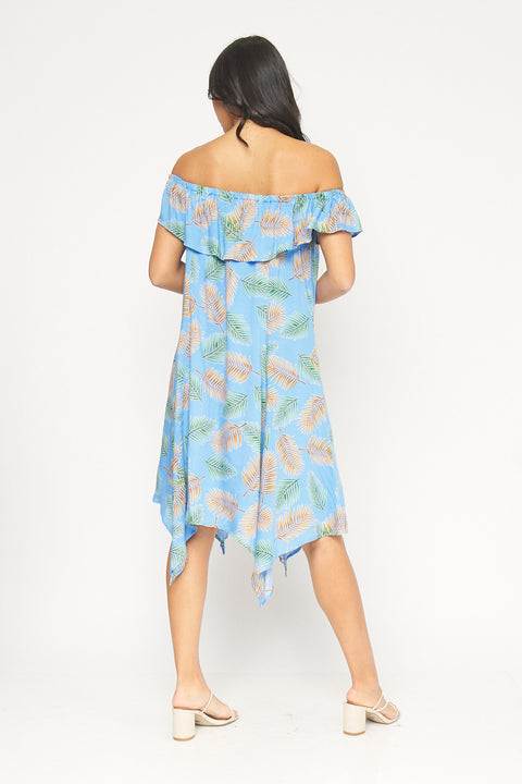 Tropical Print Full Lining Elastic Neckline Swing Dress With Shark-bite Hemline (KD5972EY) - Wholesale Fashion Couture 