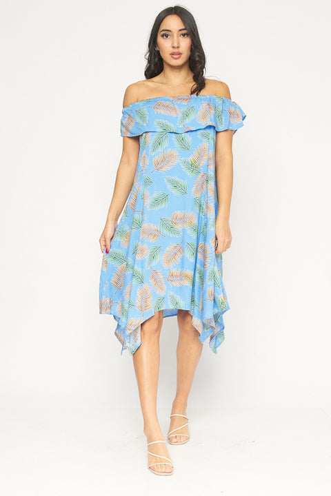 Tropical Print Full Lining Elastic Neckline Swing Dress With Shark-bite Hemline (KD5972EY) - Wholesale Fashion Couture 