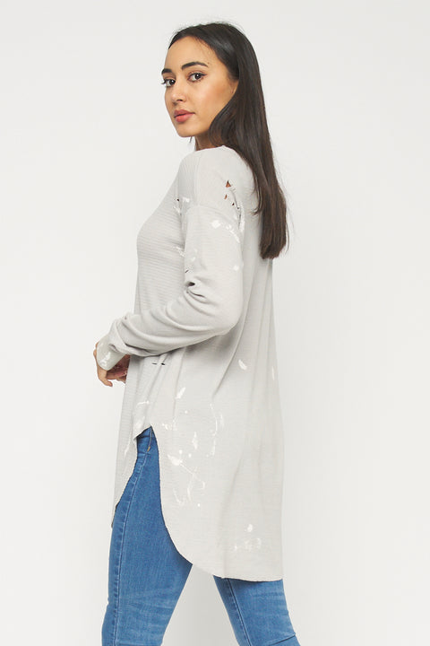 Long Sleeve Destroyed Knit Tshirt Top (FT75193T) - Wholesale Fashion Couture 