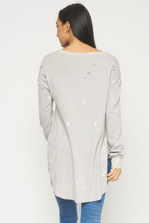 Long Sleeve Destroyed Knit Tshirt Top (FT75193T) - Wholesale Fashion Couture 