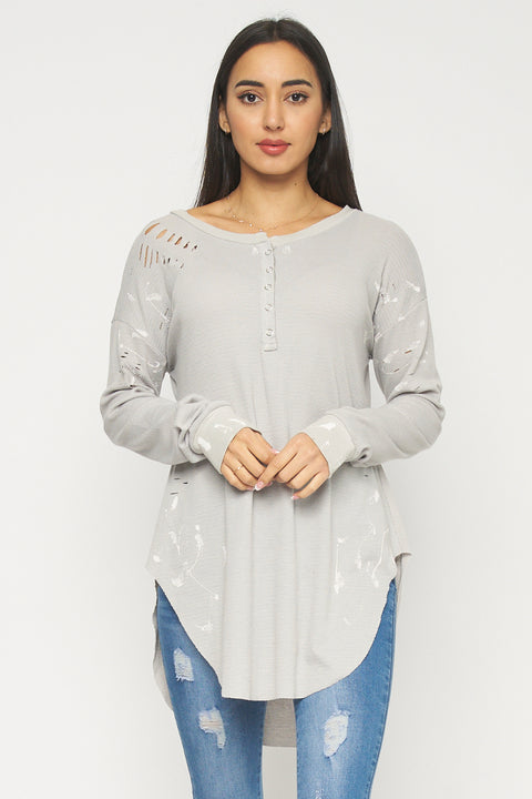 Long Sleeve Destroyed Knit Tshirt Top (FT75193T) - Wholesale Fashion Couture 