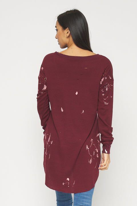 Long Sleeve Destroyed Knit Tshirt Top (FT75193T) - Wholesale Fashion Couture 