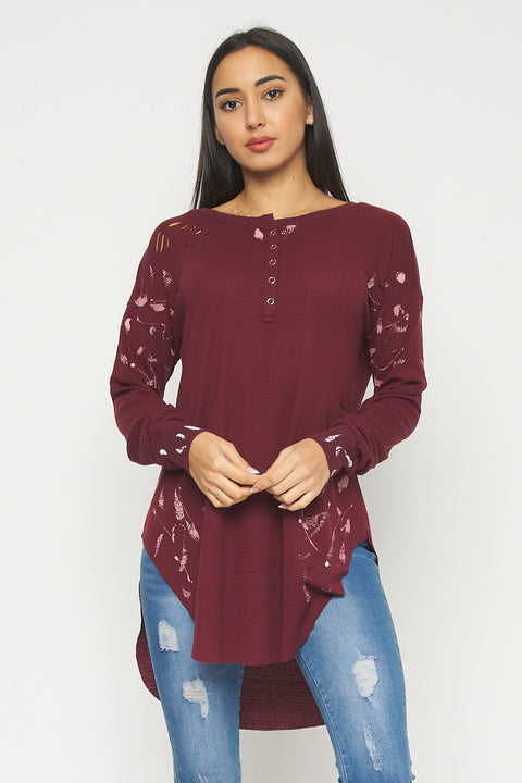 Long Sleeve Destroyed Knit Tshirt Top (FT75193T) - Wholesale Fashion Couture 