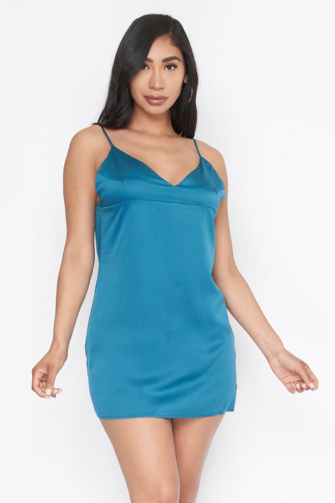 V-Neck Open Tie Back Silky Mini Dress  (D-552) - Wholesale Fashion Couture 