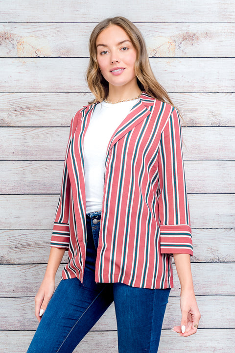 3/4 Sleeve Multi Color Stripe Blazer with Open Front and Contrast Cuff* (31751-CH807) - Wholesale Fashion Couture 