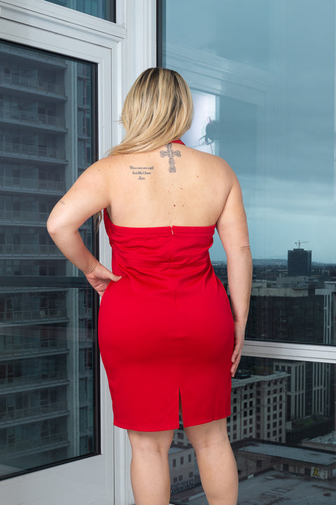 Plus Size Lace Deep Plunge Halter Neck Midi Dress in Red (CD-5986) - Wholesale Fashion Couture 