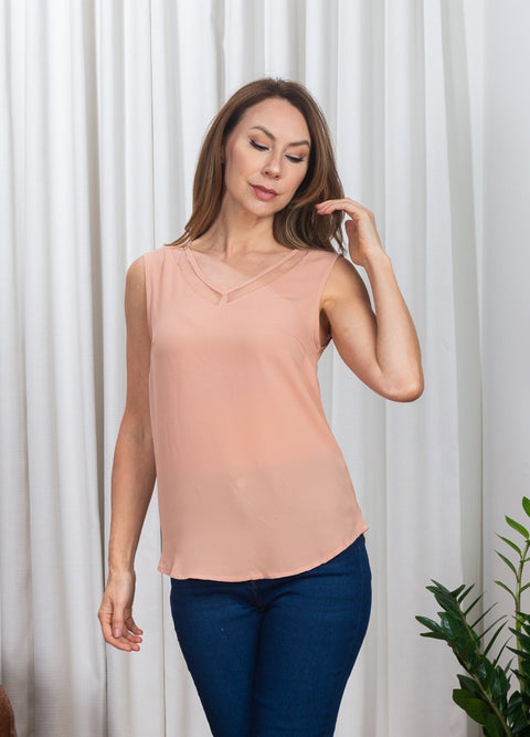 Sleeve less V-Neck Solid Top Mesh detail on Neck* (171563) - Wholesale Fashion Couture 
