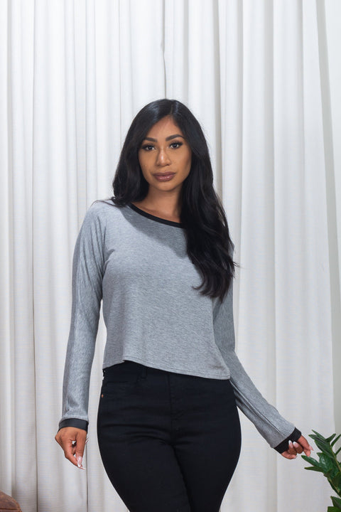 Long Sleeve Top W/Back Lace-Up and Faux Leather Front Details *(146349) - Wholesale Fashion Couture 