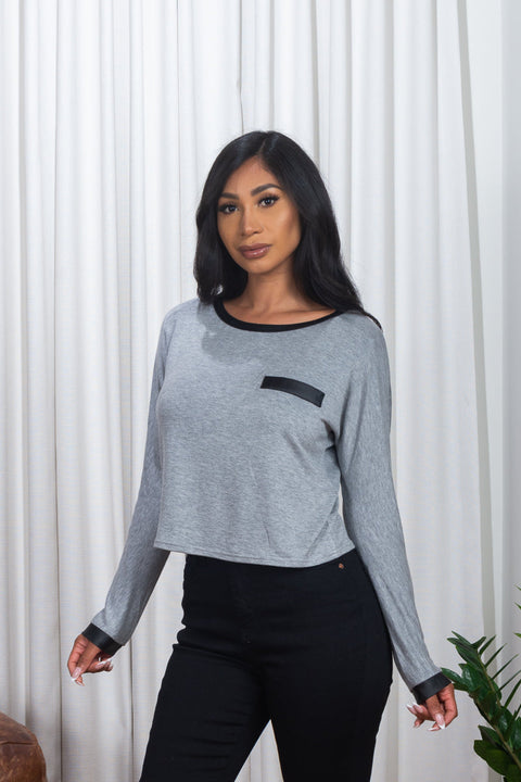 Long Sleeve Top W/Back Lace-Up and Faux Leather Front Details *(146349) - Wholesale Fashion Couture 