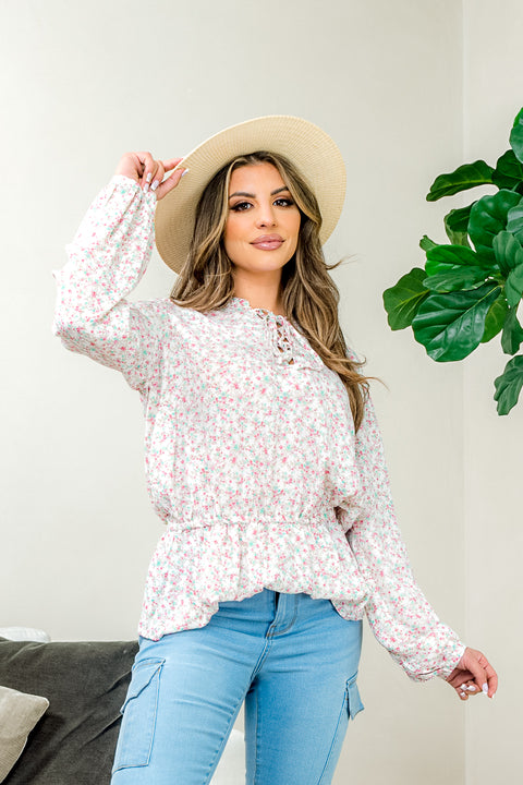 Long Sleeve Floral Print Top Elastic on Waist* (UP59840GNR) - Wholesale Fashion Couture 