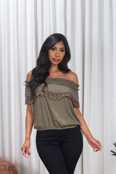 Off The shoulder Top w/Lace hem and elastic on waist (161216) - Wholesale Fashion Couture 