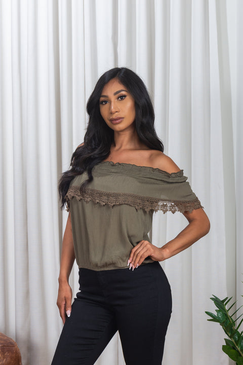 Off The shoulder Top w/Lace hem and elastic on waist (161216) - Wholesale Fashion Couture 