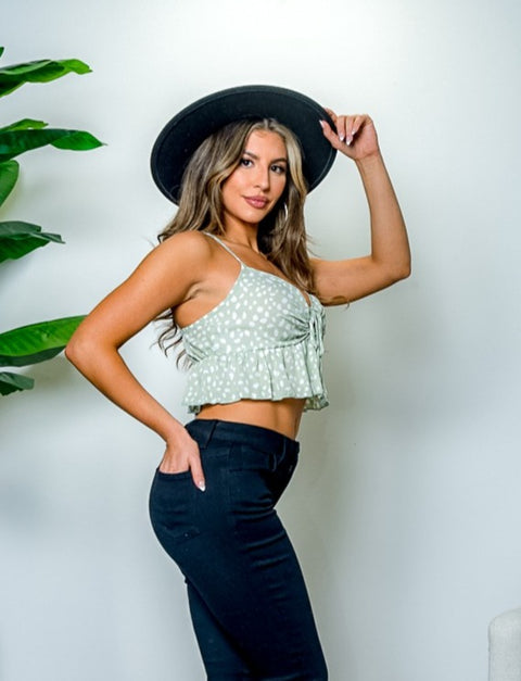 Polka Dots Print Spaghetti Strap Crop Top in  Sage (BT04186) - Wholesale Fashion Couture 